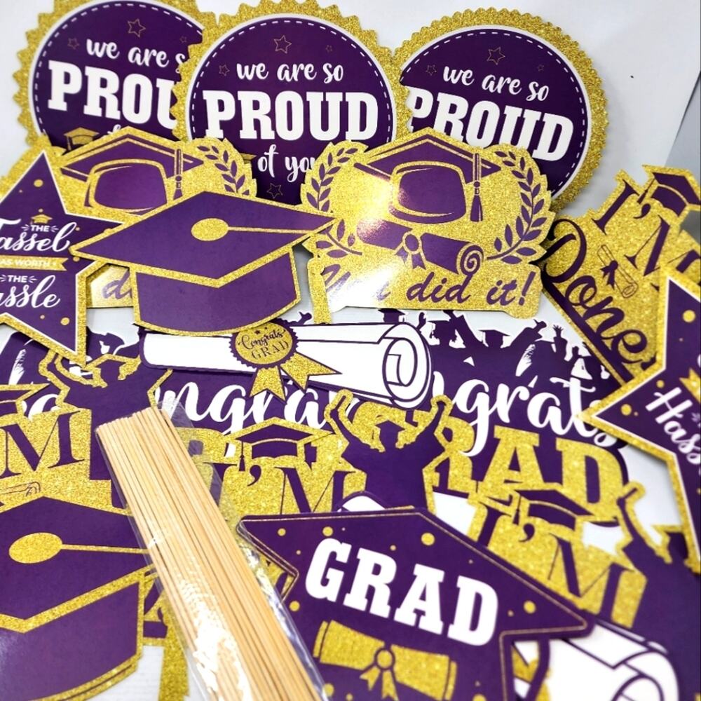 Graduation Party 32 Pc. Purple & Gold Party Decorations with sticks‎ New in Pkg